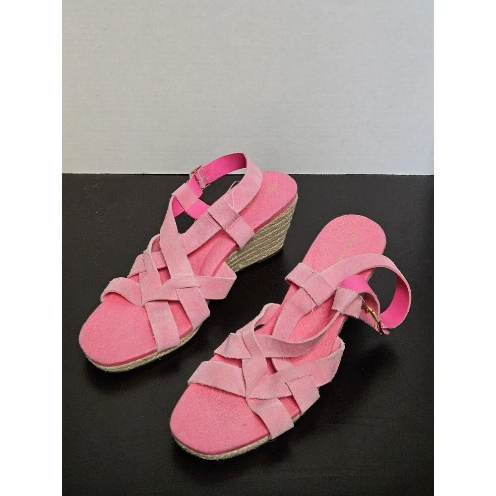 Sz 10B - Cole Haan Crystal Wedge Leather Espadrille Strap Sandal, Pink